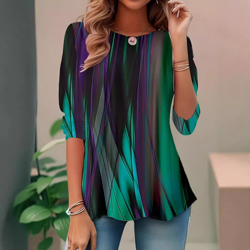 Elegant women's long sleeve blouse featuring a modern, vibrant abstract pattern. Relaxed fit for versatile style.