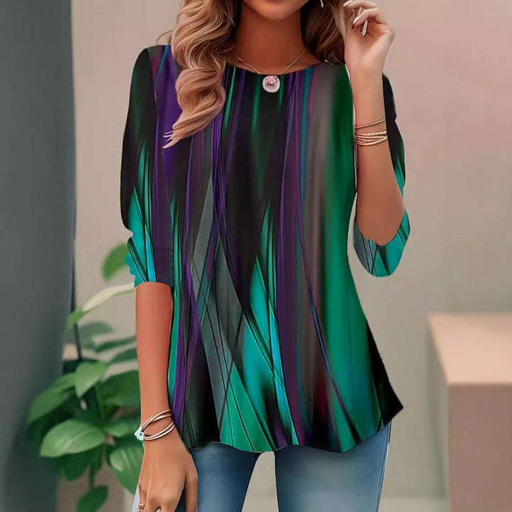 Elegant women's long sleeve blouse featuring a modern, vibrant abstract pattern. Relaxed fit for versatile style.