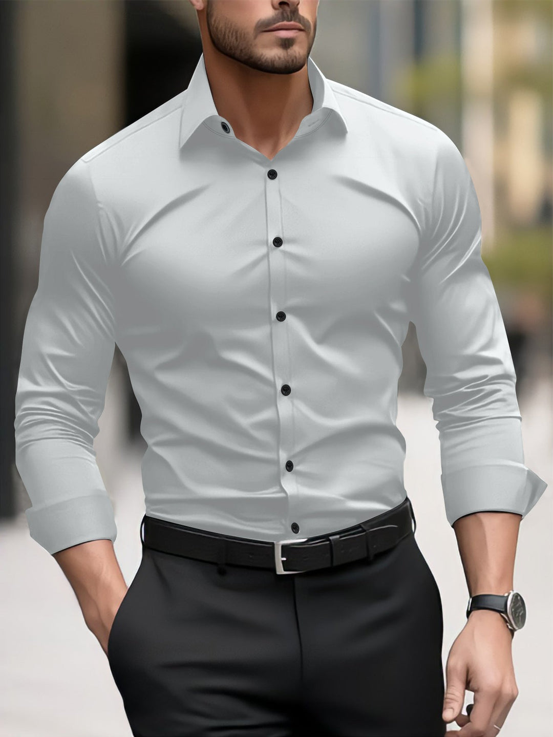 Men's modern slim-fit long sleeve shirt, an elegant and versatile top for fashion-forward men.