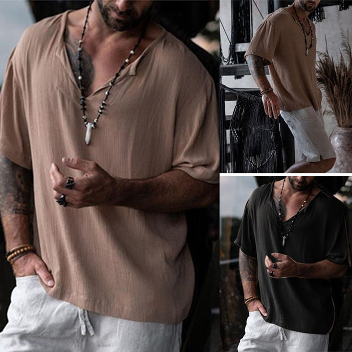Men's casual V-neck short sleeve top in a relaxed fit, perfect for comfortable summer wear.