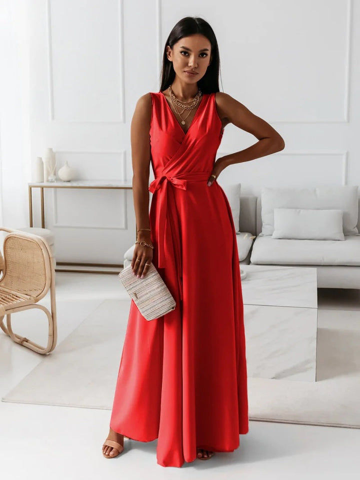 Chic women's wedding guest maxi dress. Elegant wrap style, perfect for formal events & special occasions.