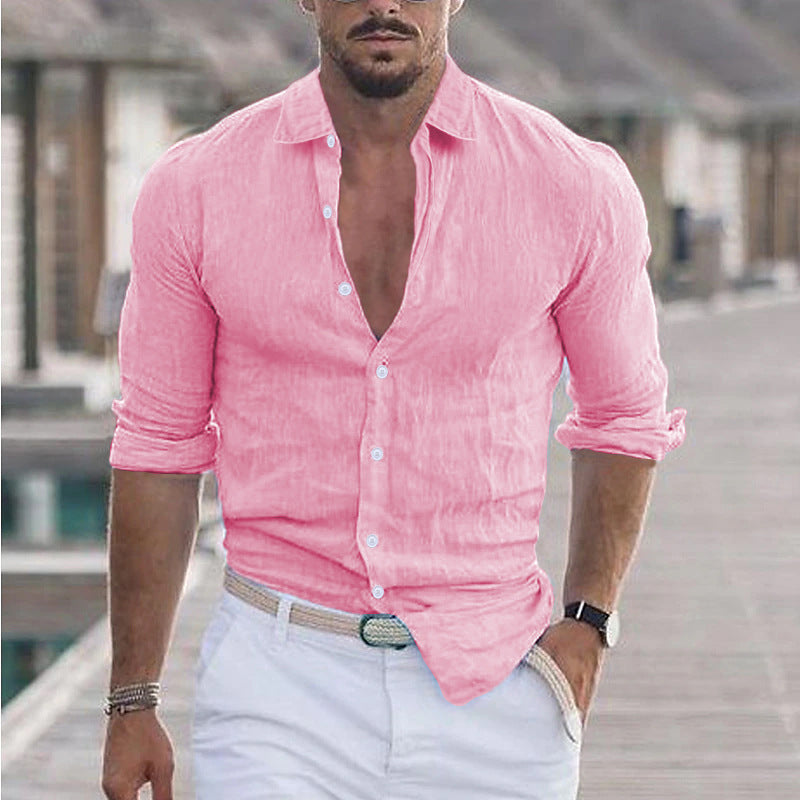Men's essential: a tailored fit button-up shirt, offering breathable comfort for hot summer days.