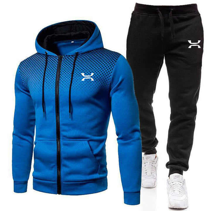 Complete men's workout outfit: athletic hoodie & jogging pants. Breathable sportswear for active lifestyles.