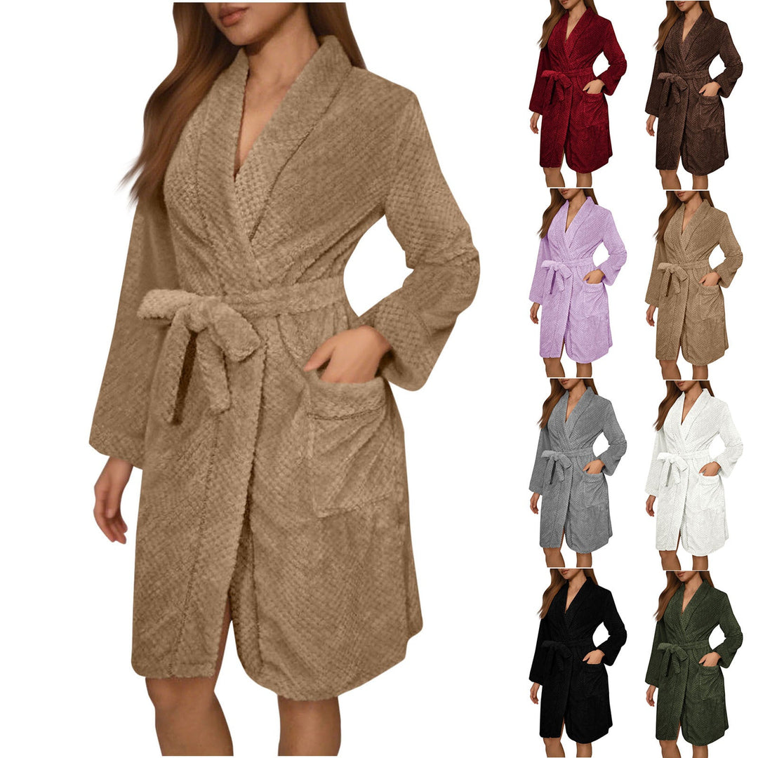Women's plush belted dressing gown with pockets, soft loungewear for home comfort.