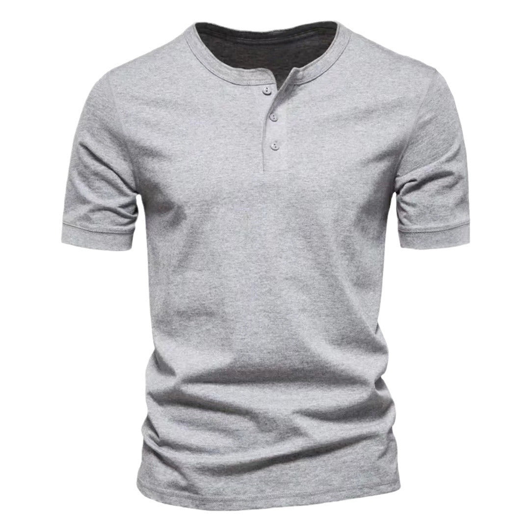 Blue men's casual Henley shirt, short sleeves and button-up front, comfortable fit.