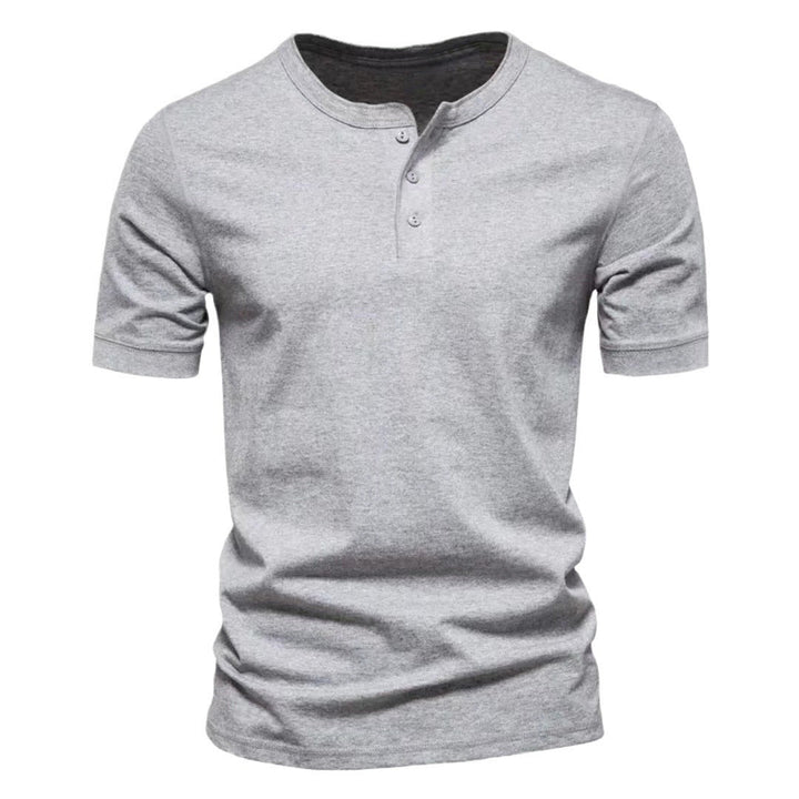 Blue men's casual Henley shirt, short sleeves and button-up front, comfortable fit.