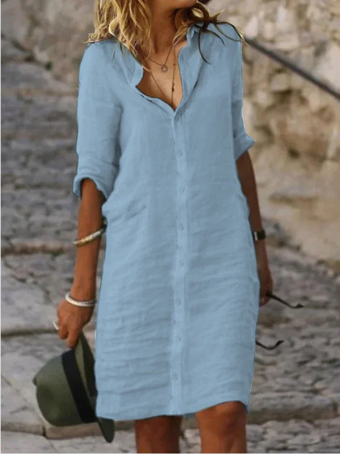 Elegant women's button-down shirt dress, a versatile midi style for chic spring fashion & comfortable summer days.