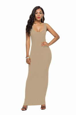 Women's flattering deep round neck maxi dress. Versatile, elegant, and perfect for any occasion.