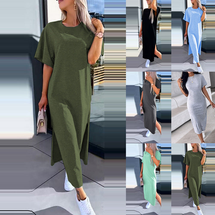 Women's effortless oversized midi t-shirt dress, comfortable & versatile for casual summer everyday wear.