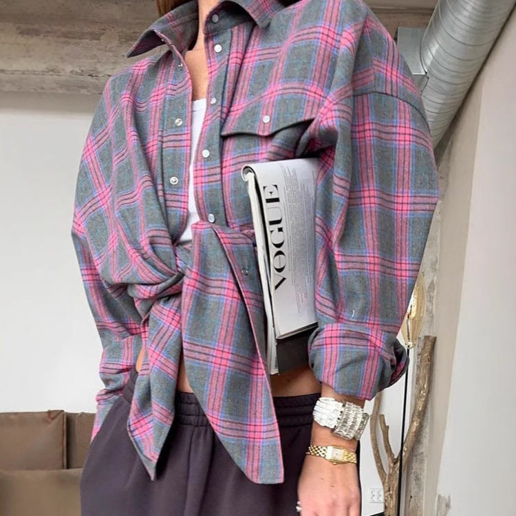 Women's oversized plaid button-up shirt blouse, long sleeve, relaxed fit, perfect for casual wear.