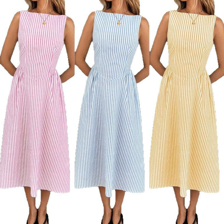 Chic women's striped midi dress. Elegant fitted summer style with a classic round neck.