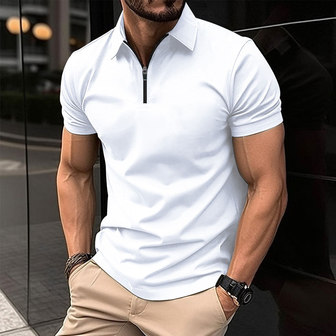 Close-up of breathable performance fabric on men's zip polo, moisture-wicking, for active lifestyles.