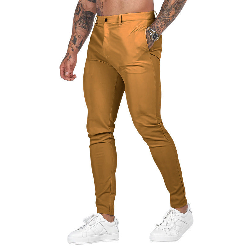 Comfortable men's slim-fit stretch chinos allowing easy movement when sitting, perfect for everyday.
