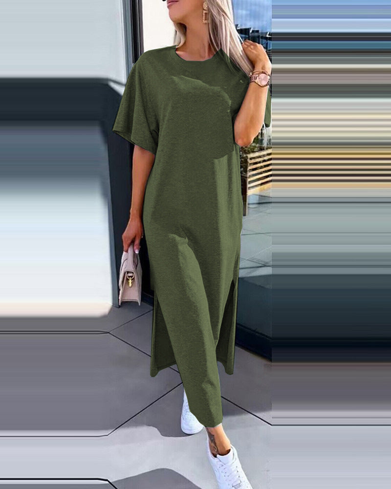 Flattering relaxed fit women's oversized midi t-shirt dress, a comfortable and stylish summer essential.