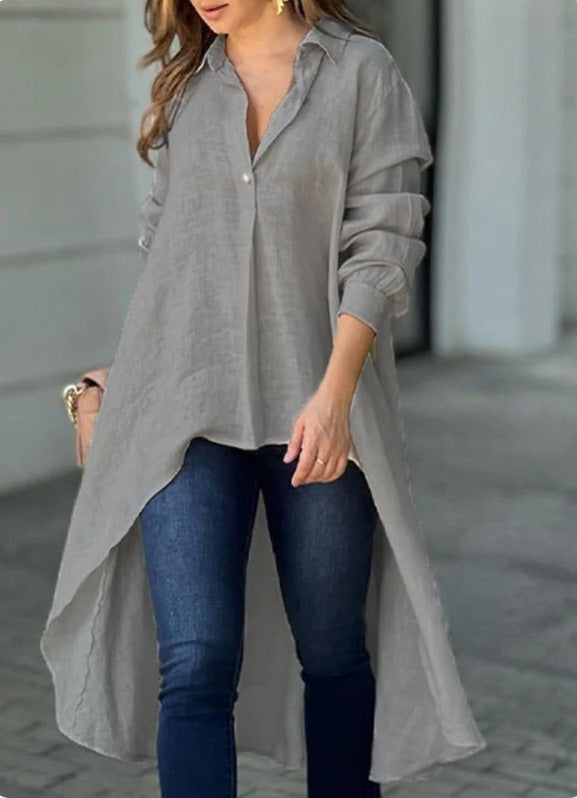 Detail of the soft, breathable fabric of a women's casual long blouse for summer.