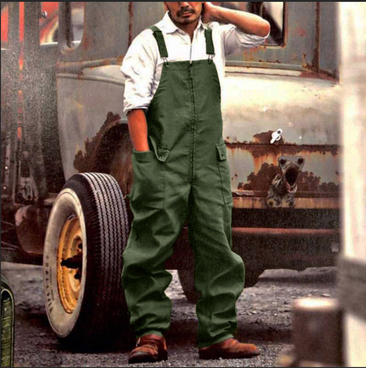 Men's rugged brown work overalls with multiple pockets & adjustable straps, ideal for durable utility workwear.