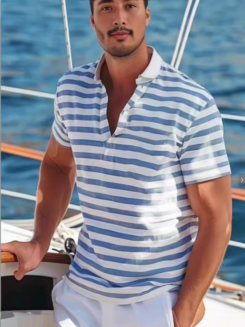 Men's striped polo shirt with stand-up collar, short sleeve. Casual and stylish summer fashion top.