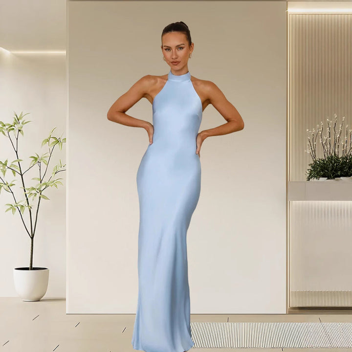 Elegant high neck shimmering maxi dress for women, perfect for formal events & evening parties.