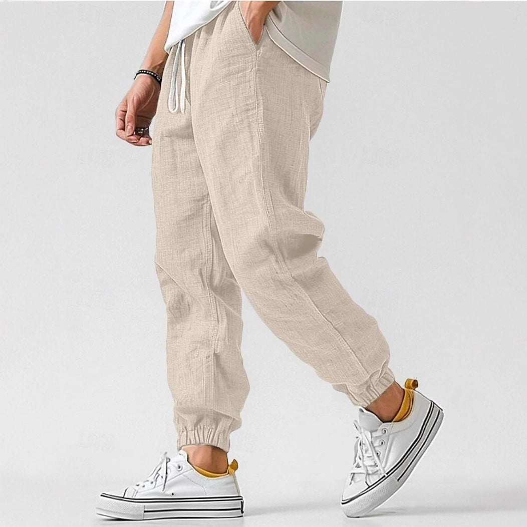 Relaxed fit men's pants for summer, with an elastic waist and drawstring. Great for travel.