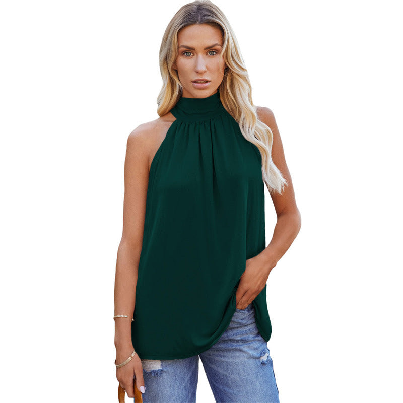 Comfortable & stylish women's sleeveless high-neck top, an elegant blouse for summer casual wear.