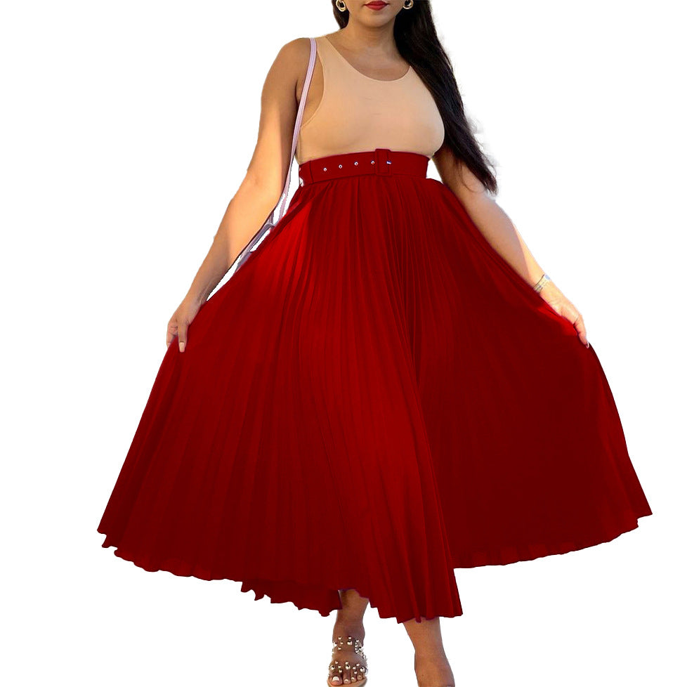 Fashionable women's pleated midi skirt, comfortable waist fit, and a stylish detachable belt.
