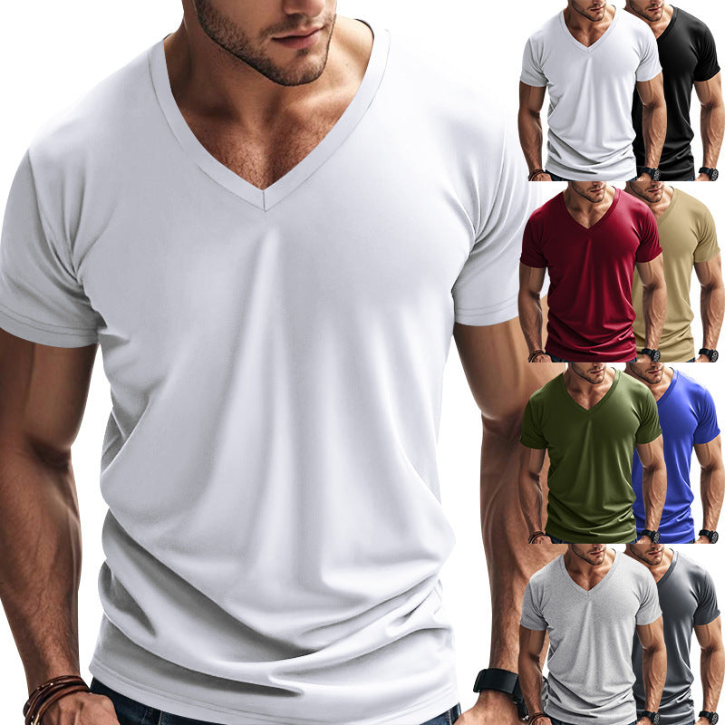 Men's V-neck performance t-shirt, short sleeve, perfect for athletic wear & everyday comfort.