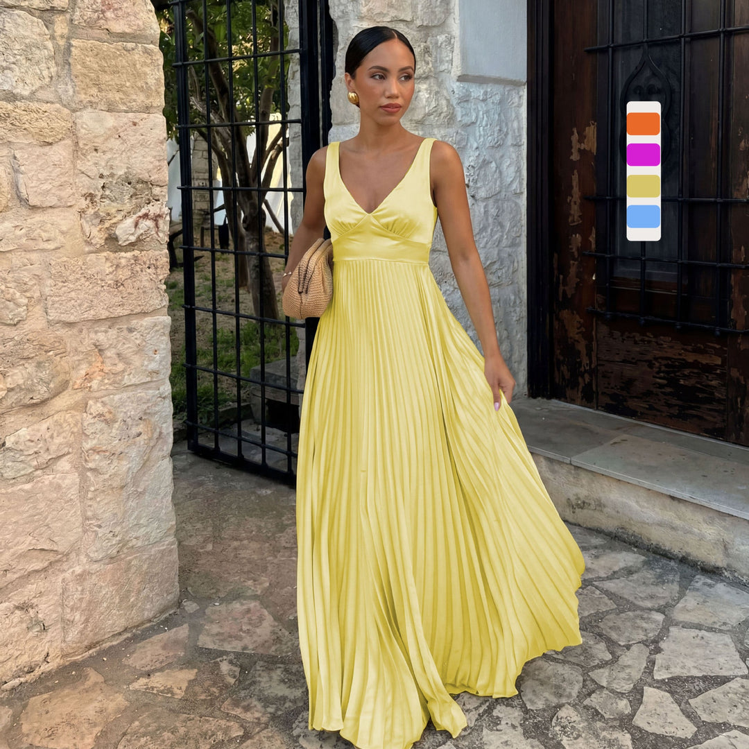 Women's elegant pleated V-neck midi dress. Perfect for summer and special occasions.