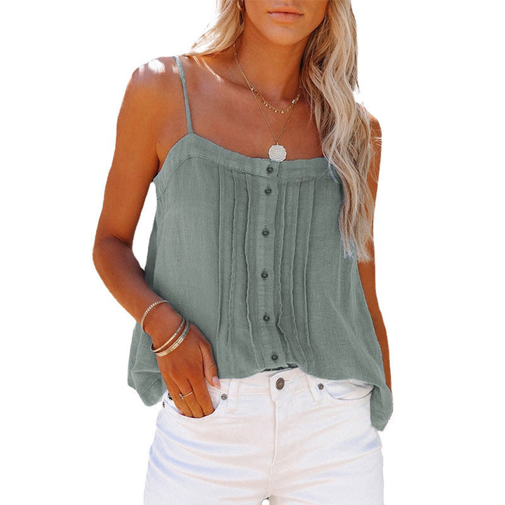 Chic women's plaid spaghetti strap tank top featuring decorative button details. Stylish and comfy summer apparel.