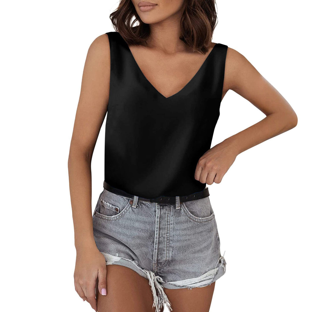 Modern women's sleeveless V-neck top, designed for versatile styling.
