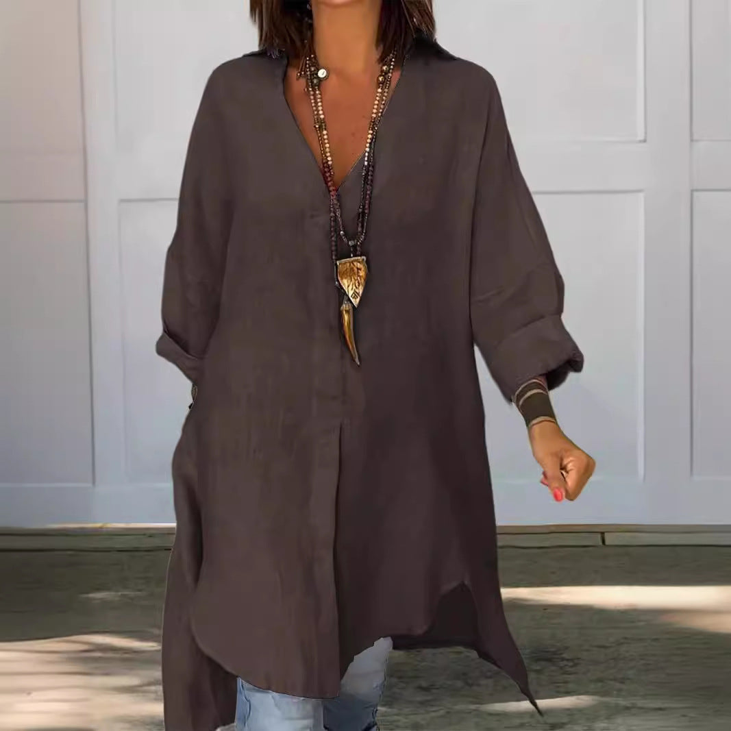 Lightweight women's spring blouse, a chic button-down top with functional roll-up sleeves for comfort.