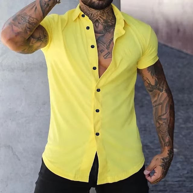 Modern cut men's short sleeve button-up shirt, designed for a fitted, stylish look in summer.