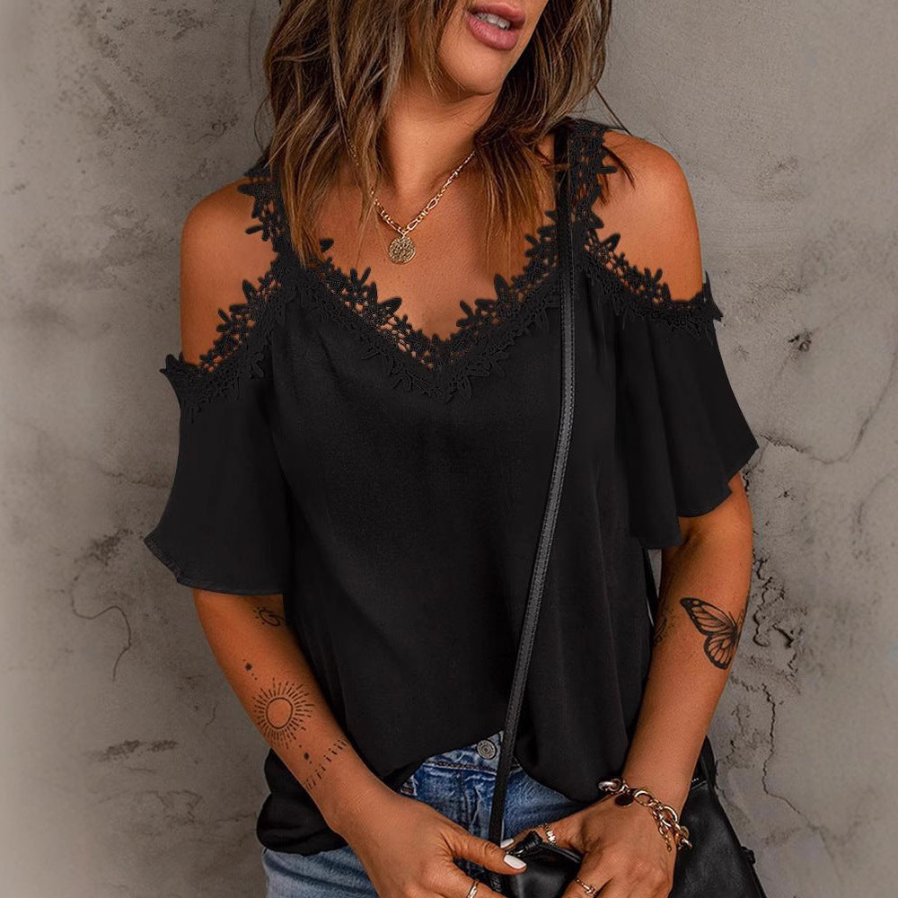 Fashionable women's off-shoulder blouse. Elegant white lace top, perfect for chic casual and summer outfits.