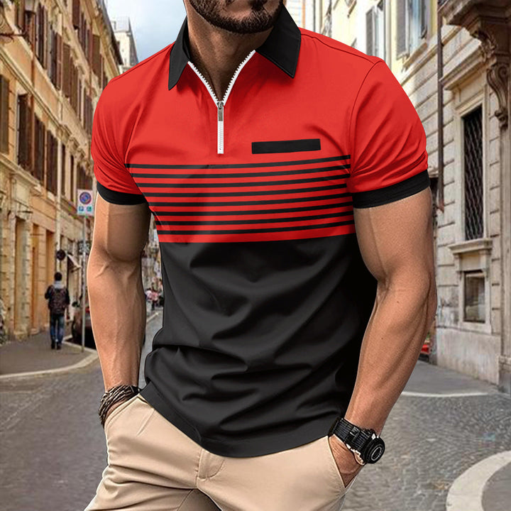Full product shot: men's short-sleeve zip polo shirt, striking modern contrast stripes, casual style.