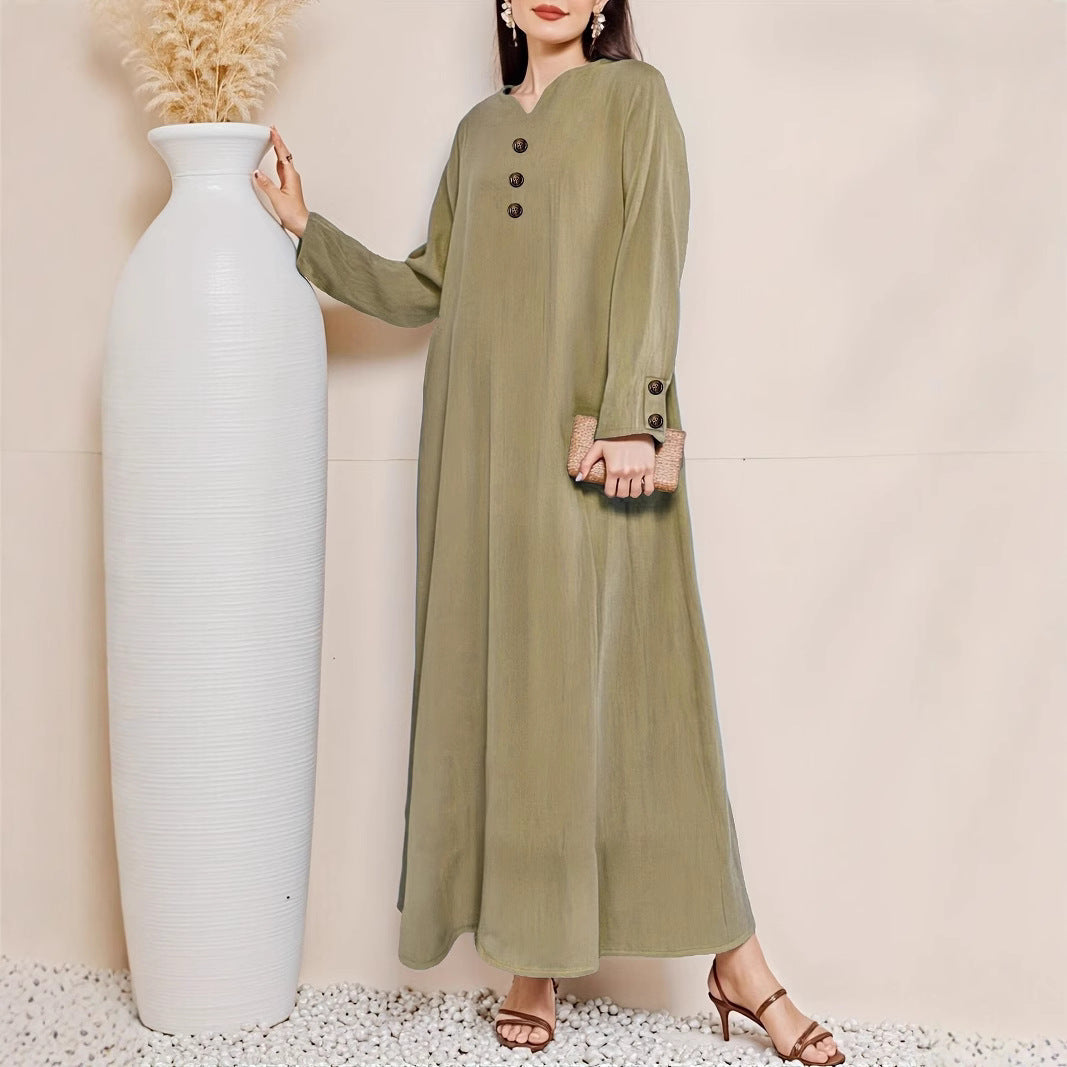Modest women's maxi dress with button front. Perfect elegant long dress for summer casual or evening events.