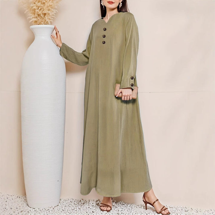 Modest women's maxi dress with button front. Perfect elegant long dress for summer casual or evening events.