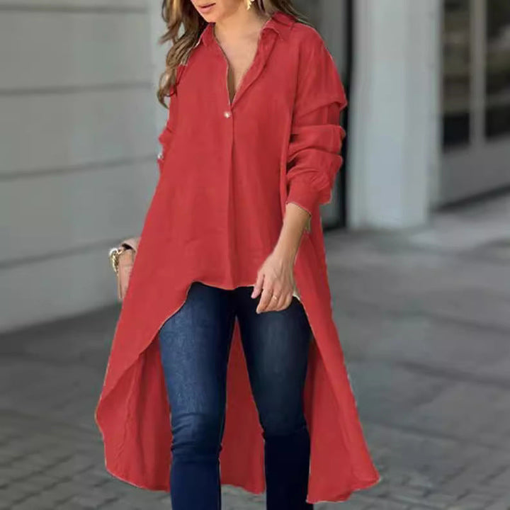 Women's versatile white long blouse styled for summer, a relaxed fit casual top.
