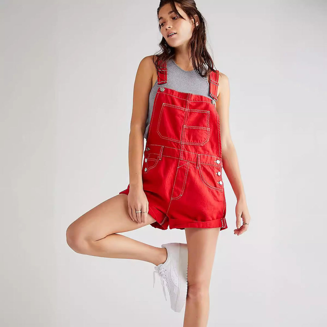Comfortable women's casual overall shorts with a relaxed fit, adjustable straps, and practical pockets.
