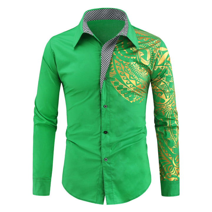 Men's fashion long sleeve shirt featuring an exotic print, tailored fit, and elegant contrast collar detail.