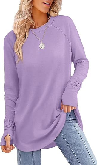 Full length view of women's modern long sleeve t-shirt, ideal for casual & chic looks.
