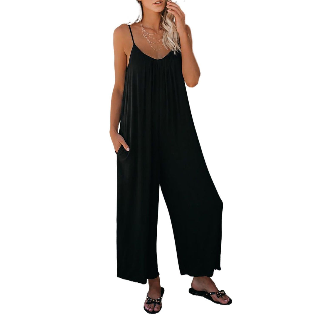 Trendy women's summer one-piece outfit, a casual jumpsuit with a flattering plunging neckline & pockets.
