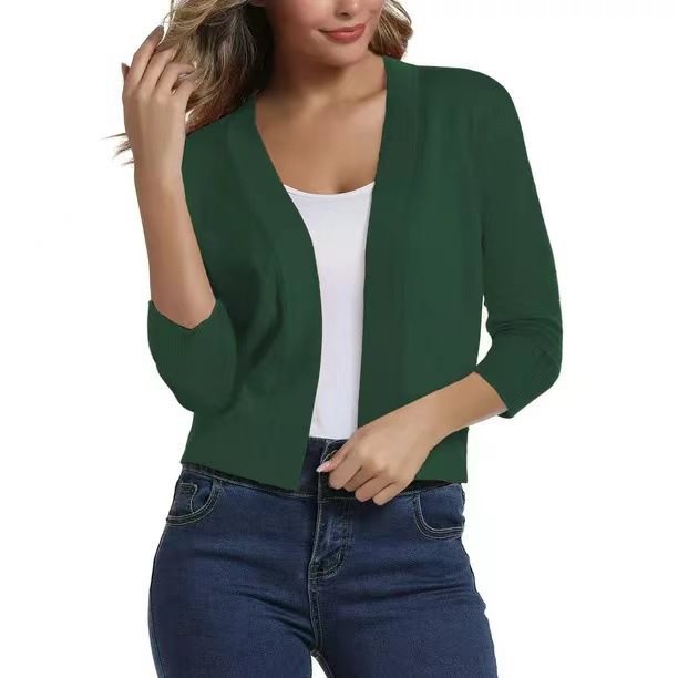 Casual women's top: open-front cardigan with 3/4 sleeves, a comfortable layering piece.