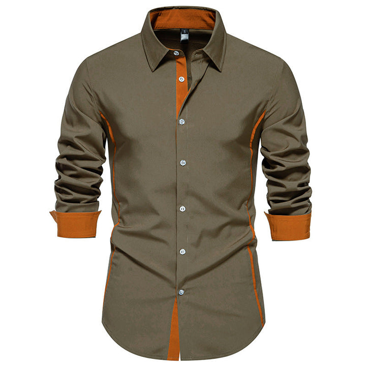 Men's top: long sleeve shirt with contemporary contrast stitching, perfect for smart casual looks.