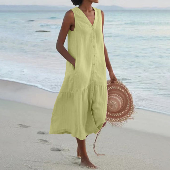 Close-up of a women's comfortable summer dress, highlighting its soft fabric texture and practical pockets.