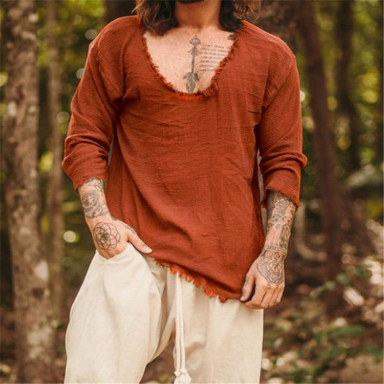 Men's V-neck short sleeve shirt on hanger, displaying relaxed fit & casual style for summer.