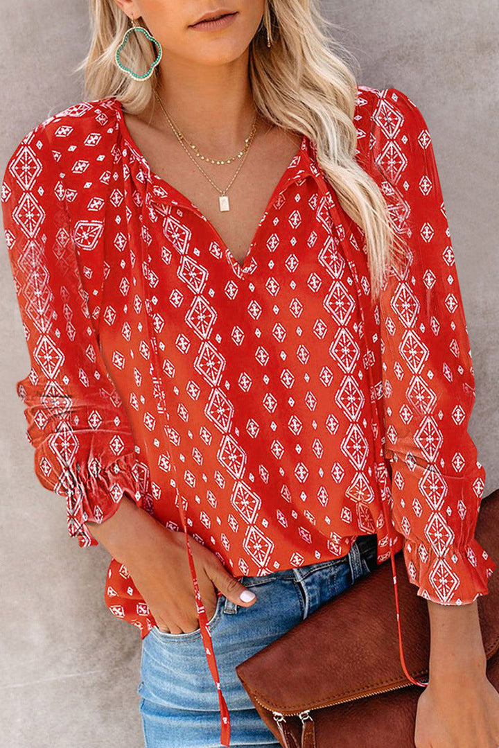 Comfortable & elegant women's ruffle V-neck blouse, perfect for everyday chic.