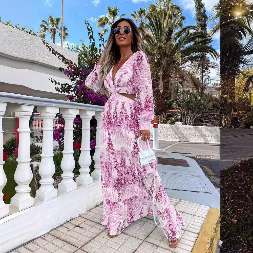 Flowy V-neck maxi dress with ruffles, ideal for women's elegant summer fashion, parties or casual wear.