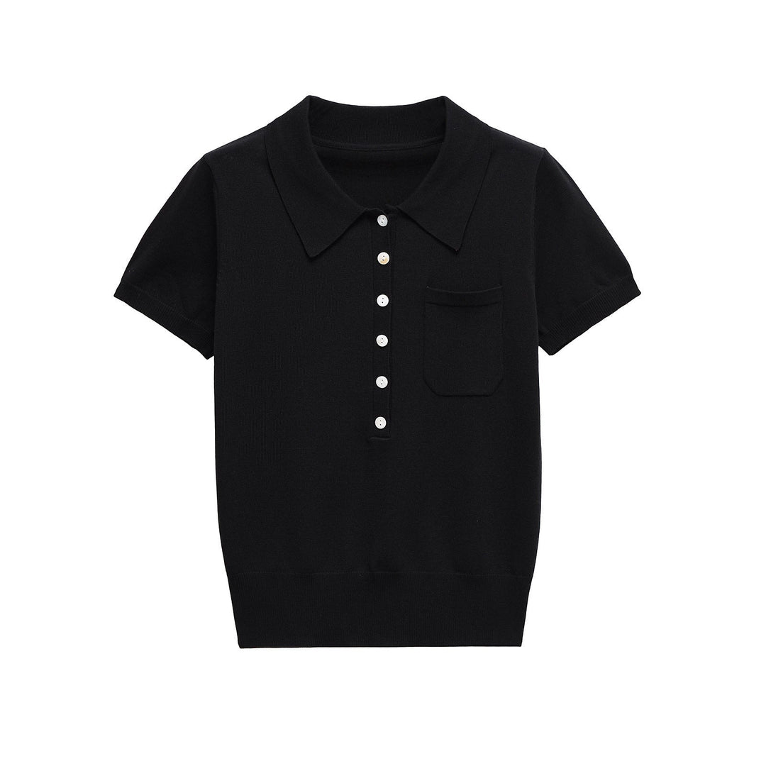Close-up of a women's button-front polo top, highlighting the classic collar and slim fit short sleeve.