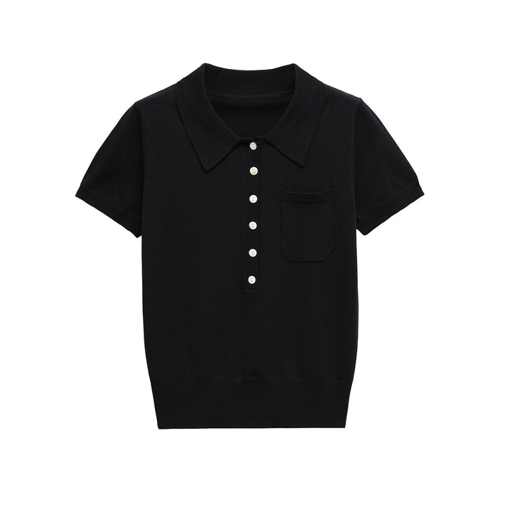 Close-up of a women's button-front polo top, highlighting the classic collar and slim fit short sleeve.