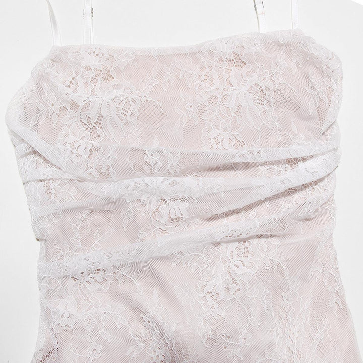 Beautiful white lace maxi dress, women's special occasion gown, with a striking corset back.