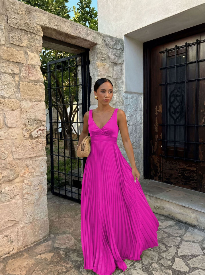 V-neck pleated midi dress for women, an elegant and versatile A-line cut for modern style.